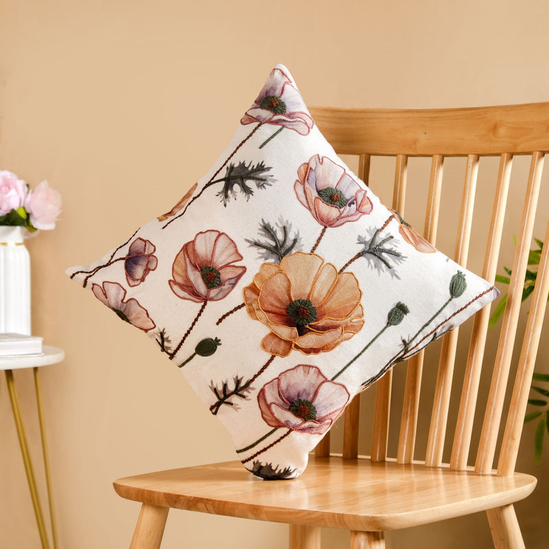 Poppy Flower Cotton Embroidered Cushion Cover 40x40cm