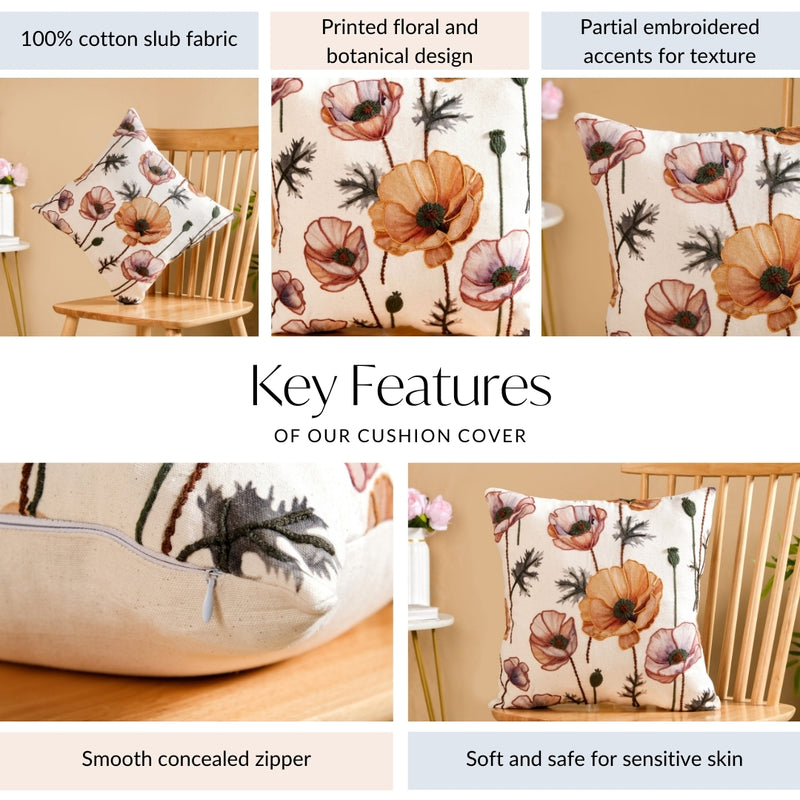 Poppy Flower Cotton Embroidered Cushion Cover 40x40cm