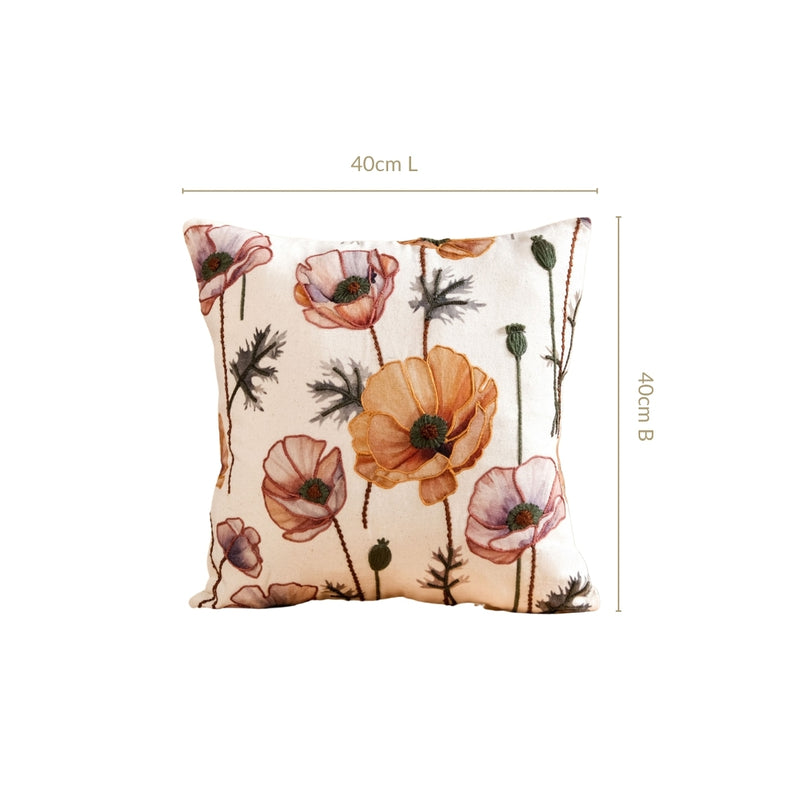 Poppy Flower Cotton Embroidered Cushion Cover 40x40cm
