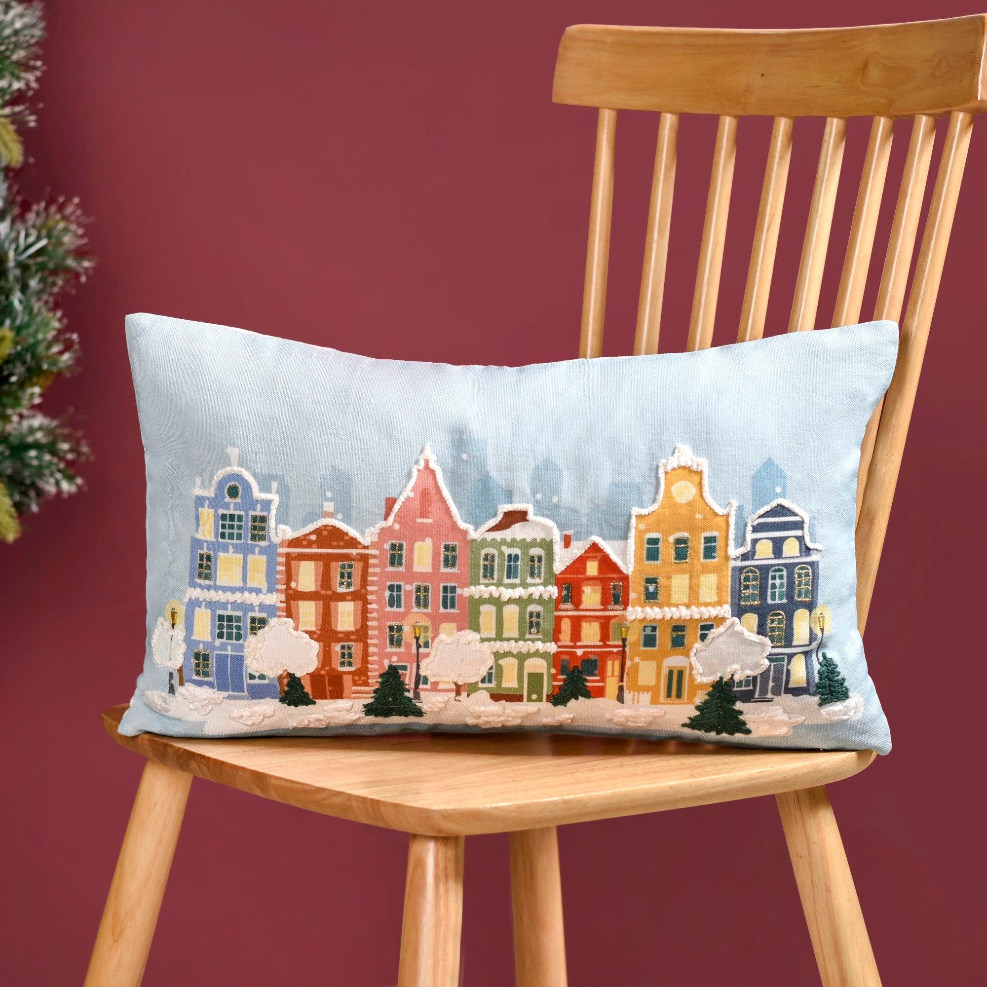 Winter Town Embroidered Cotton Cushion Cover 50x30cm
