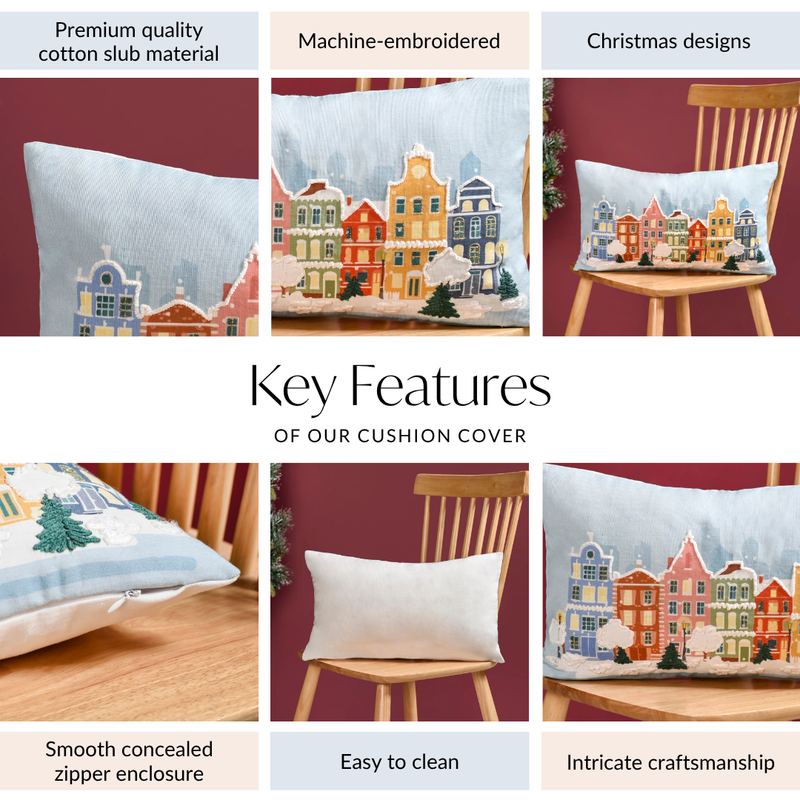 Winter Town Embroidered Cotton Cushion Cover 50x30cm