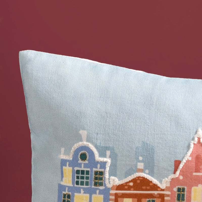 Winter Town Embroidered Cotton Cushion Cover 50x30cm