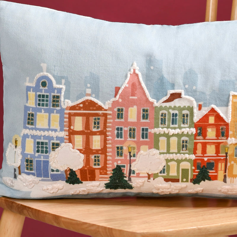 Winter Town Embroidered Cotton Cushion Cover 50x30cm