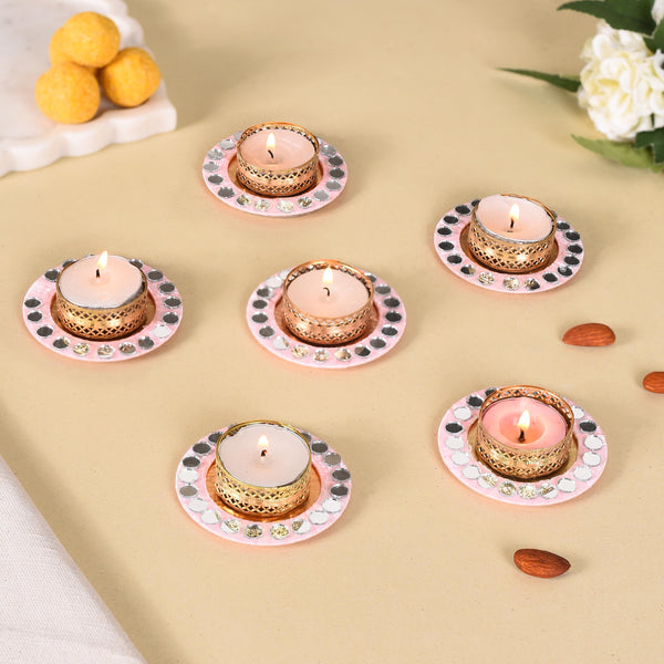 Set Of 6 Mirror Embellished Pink Tea Light Holders