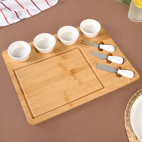 Sleek Wooden Snacks Platter Set With Dip Bowls And Cheese Knives