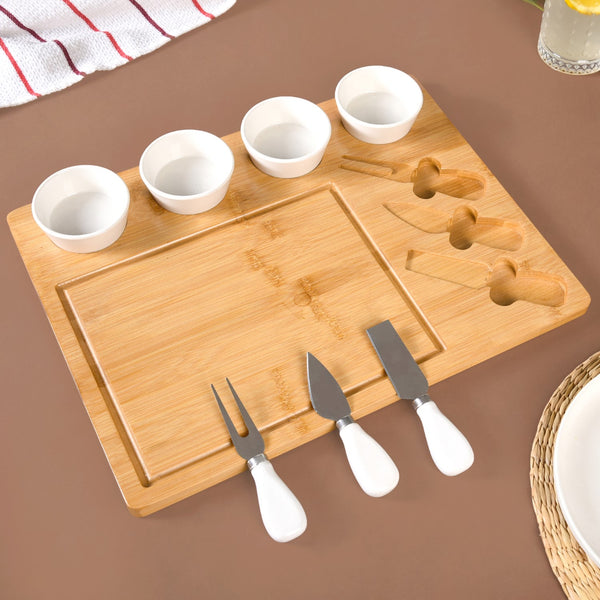 Sleek Wooden Snacks Platter Set With Dip Bowls And Cheese Knives