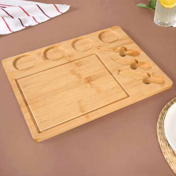 Sleek Wooden Snacks Platter Set With Dip Bowls And Cheese Knives