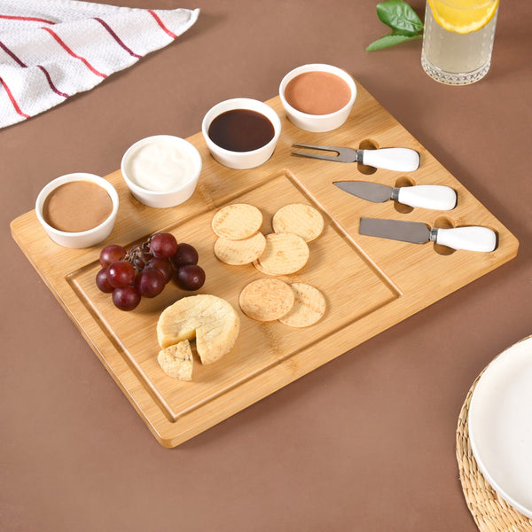 Sleek Wooden Snacks Platter Set With Dip Bowls And Cheese Knives