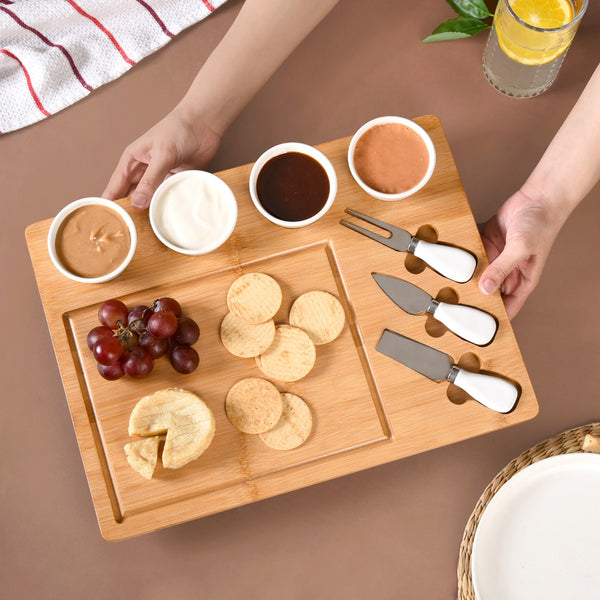 Sleek Wooden Snacks Platter Set With Dip Bowls And Cheese Knives