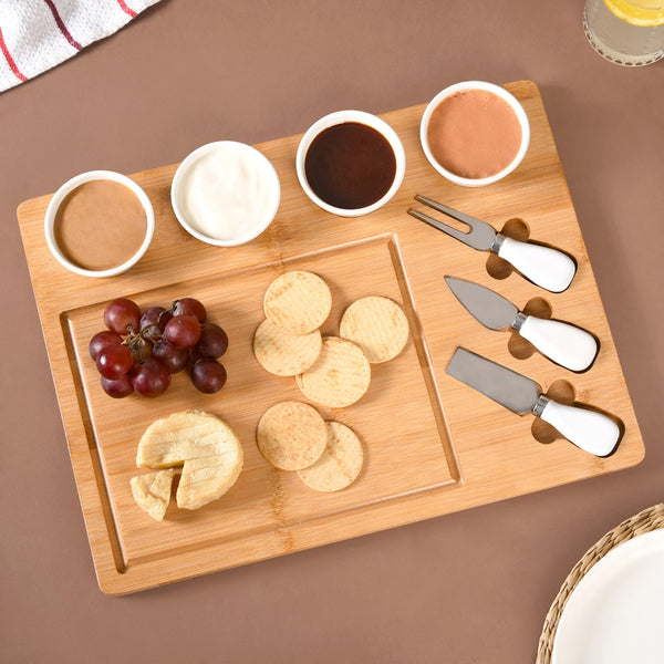 Sleek Wooden Snacks Platter Set With Dip Bowls And Cheese Knives