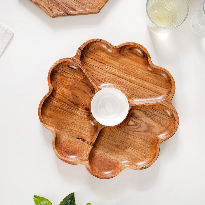 Cosmos 3 Section Snack Platter With Dip Bowl - Compartment plate, snack platter, wooden snack platter, serving platter, charcuterie platter