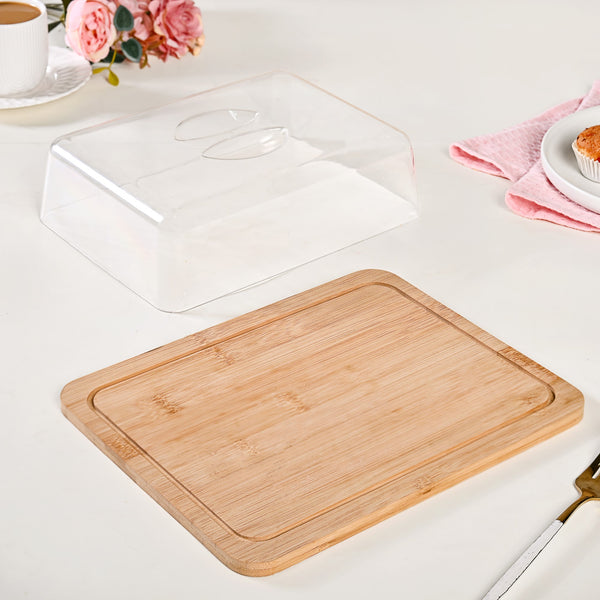 Rectangle Wooden Cake Stand With Cloche