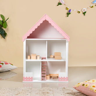 Wooden Dollhouse With Furniture Set Pink