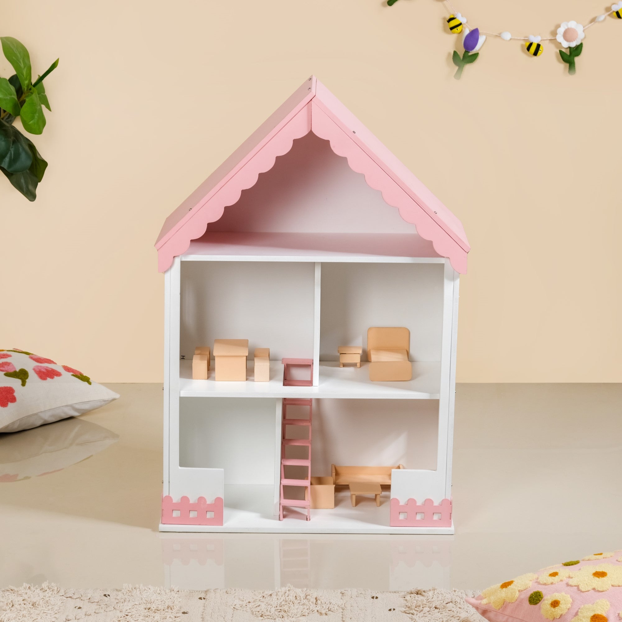 Wooden Dollhouse With Furniture Set Pink Online Premium Pretend