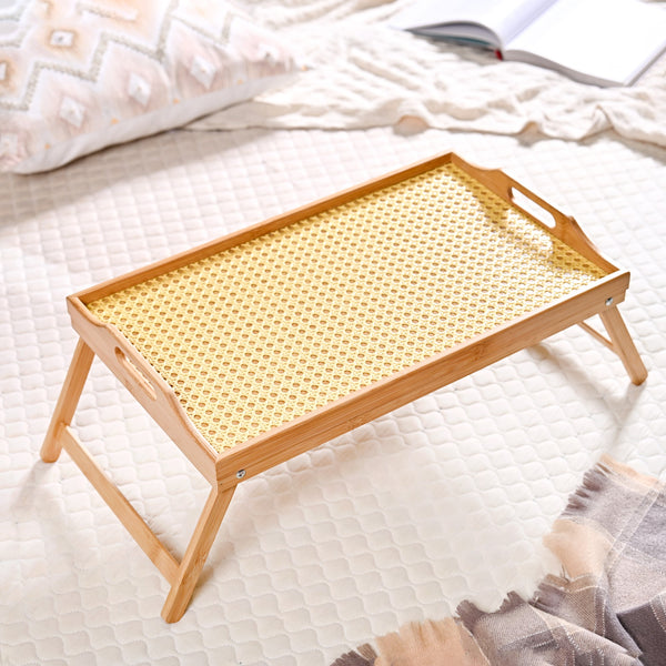 Wooden Folding Table With Rattan Weaving