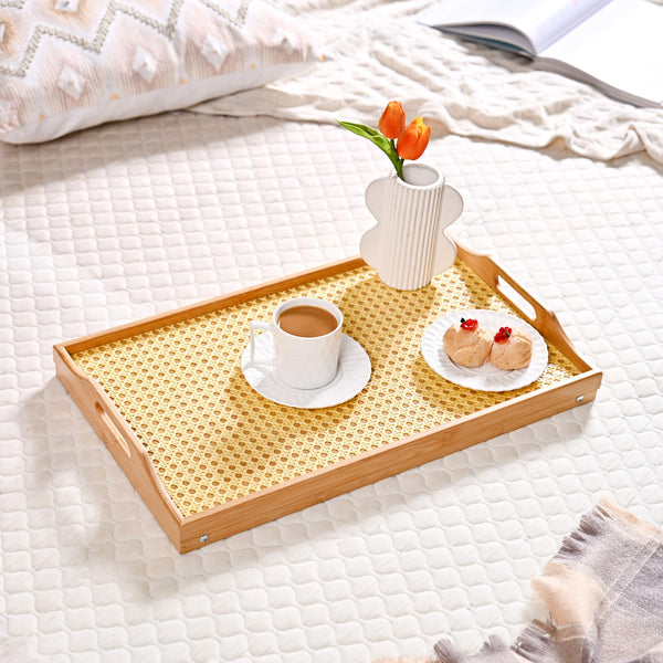 Wooden Folding Table With Rattan Weaving