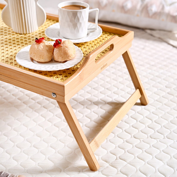 Wooden Folding Table With Rattan Weaving