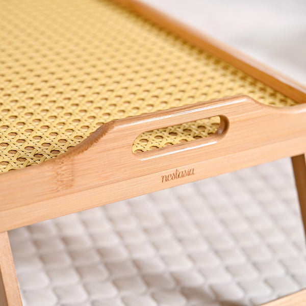 Wooden Folding Table With Rattan Weaving