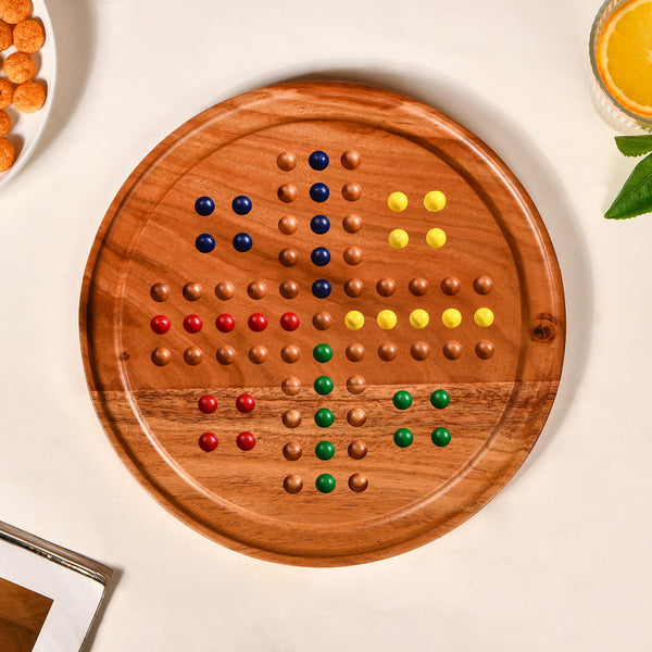 Wooden Ludo Solitaire 2-in-1 Game With Glass Marbles