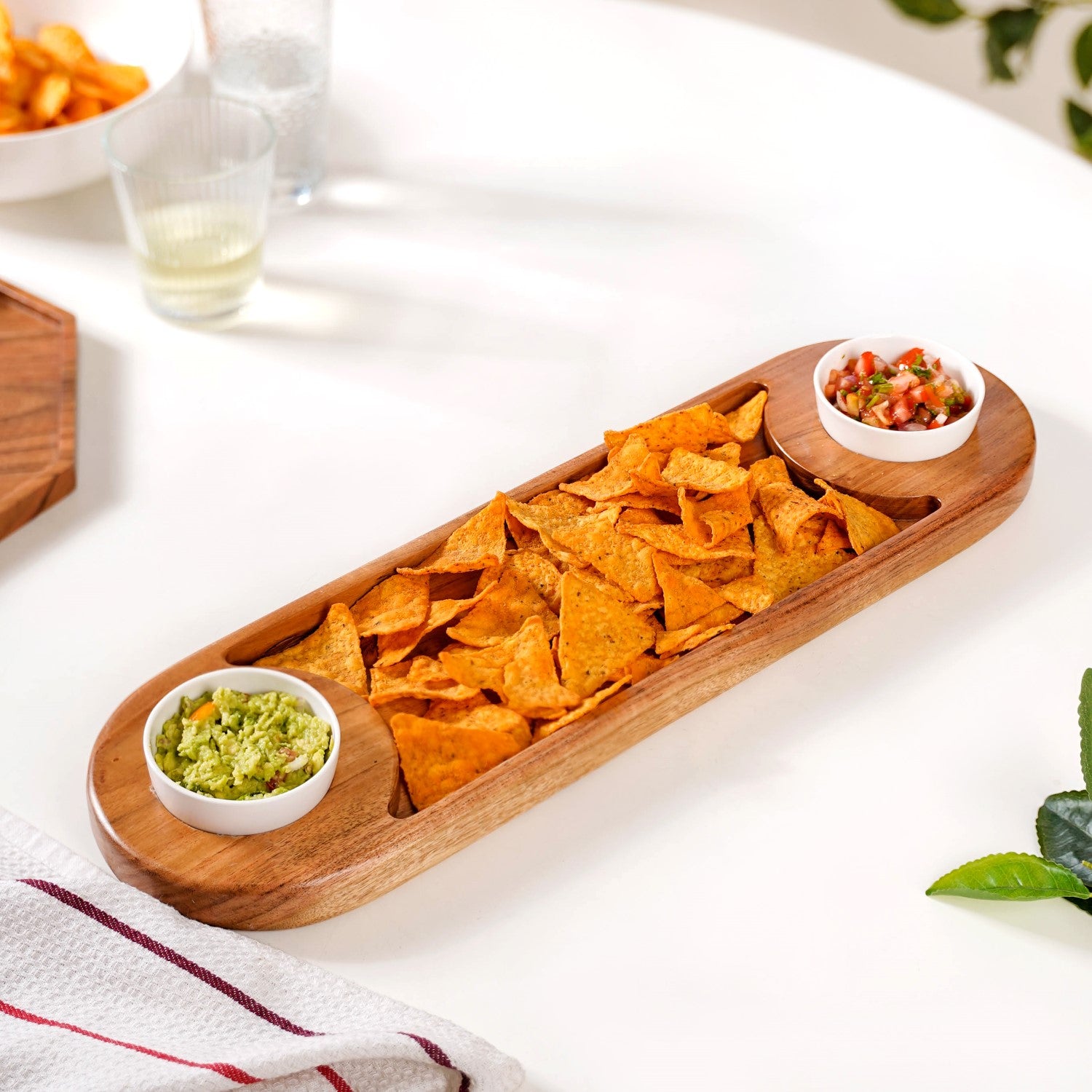 Wooden Snack Platter With Dip Bowls