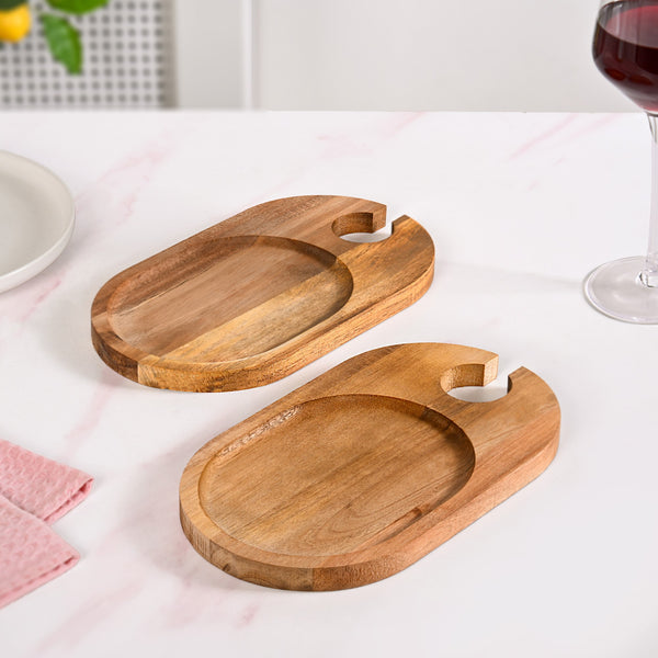 Wooden Appetiser Platter With Wine Glass Holder Set Of 2 9inch