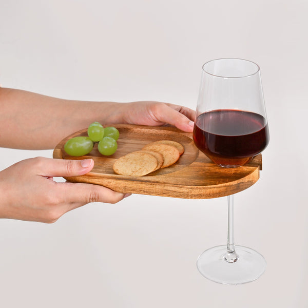 Wooden Appetiser Platter With Wine Glass Holder Set Of 2 9inch