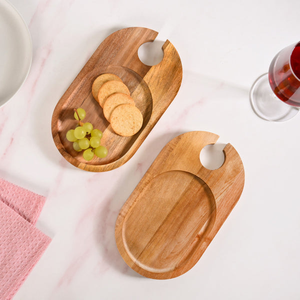 Wooden Appetiser Platter With Wine Glass Holder Set Of 2 9inch