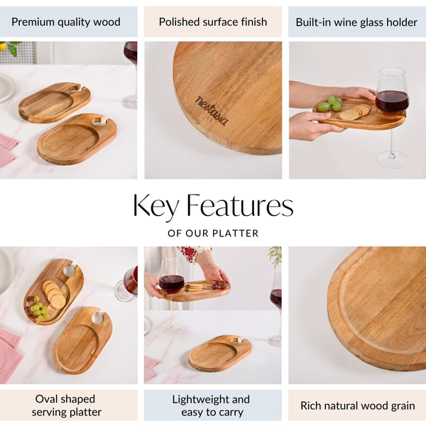 Wooden Appetiser Platter With Wine Glass Holder Set Of 2 9inch
