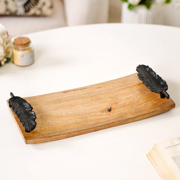 Metal Feather Handle Wooden Tray 15x7 Inch