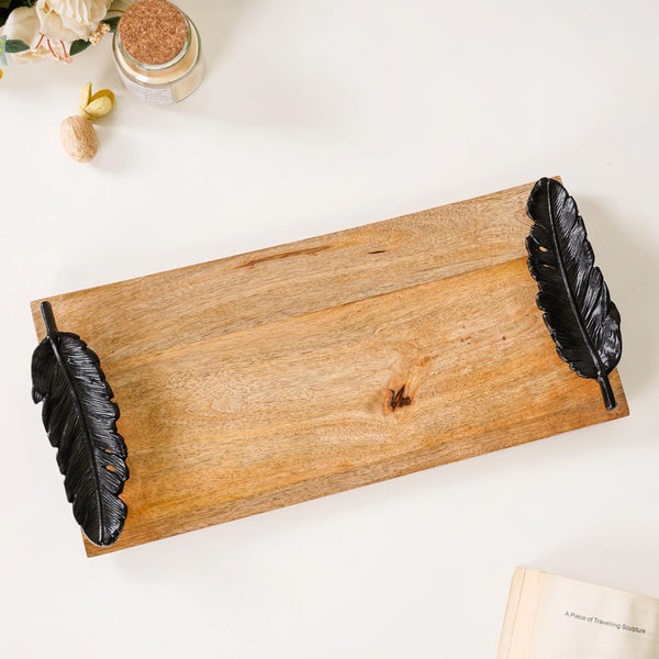 Metal Feather Handle Wooden Tray 15x7 Inch