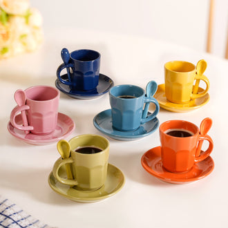 Small Espresso Tea Cup With Saucer And Spoons Set Of 6 Multicolour 100ml