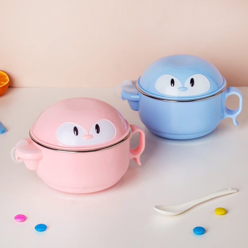 Steel Food Bowl With Heating Water Chamber Blue 400 ml - Kids Lunch Box