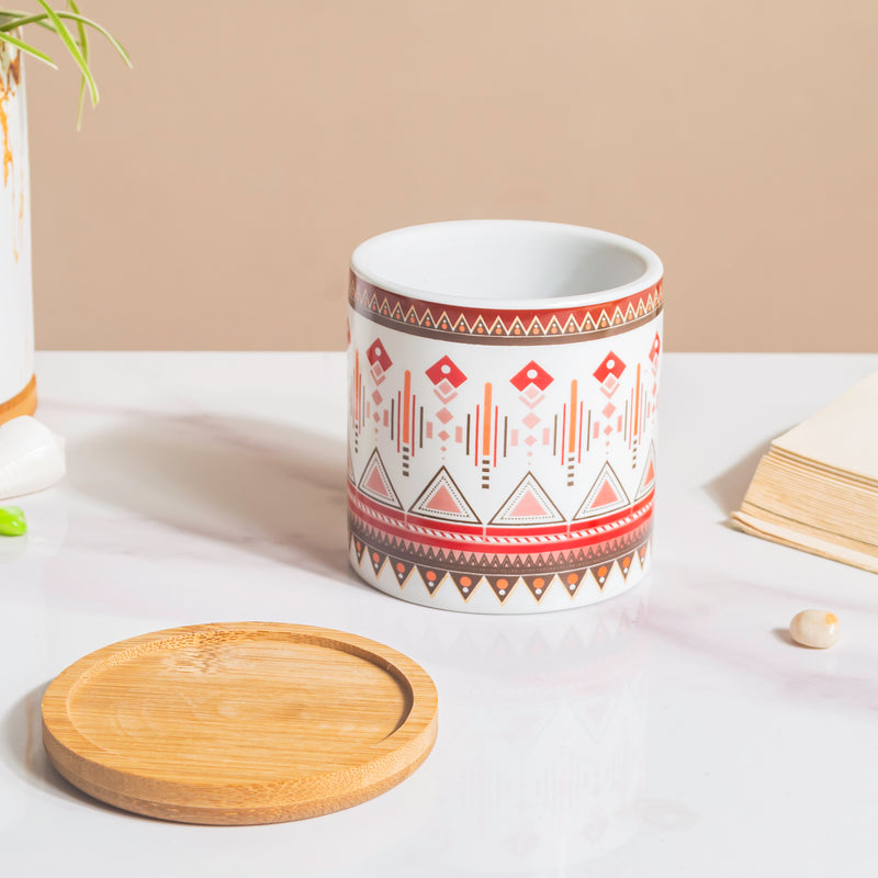 Noor Art Multicolor Ceramic Planter With Wooden Coaster - Plant pot and plant stands | Room decor items