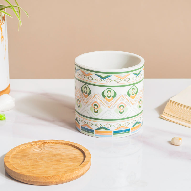 Mandala Print Ceramic Planter Green With Wooden Coaster - Plant pot and plant stands | Room decor items