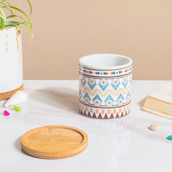 Mandala Print Ceramic Planter Blue With Wooden Coaster