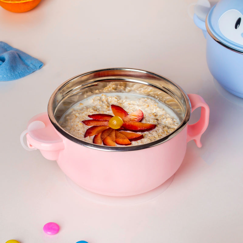 Steel Food Bowl With Heating Water Chamber Pink 400 ml - Kids Lunch Box