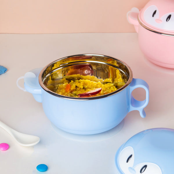 Steel Food Bowl With Heating Water Chamber Blue 400 ml - Kids Lunch Box