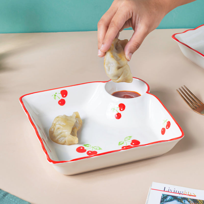 Cherry On Top Sectioned Plate Red - Serving plate, snack plate, momo plate, plate with compartment | Plates for dining table & home decor