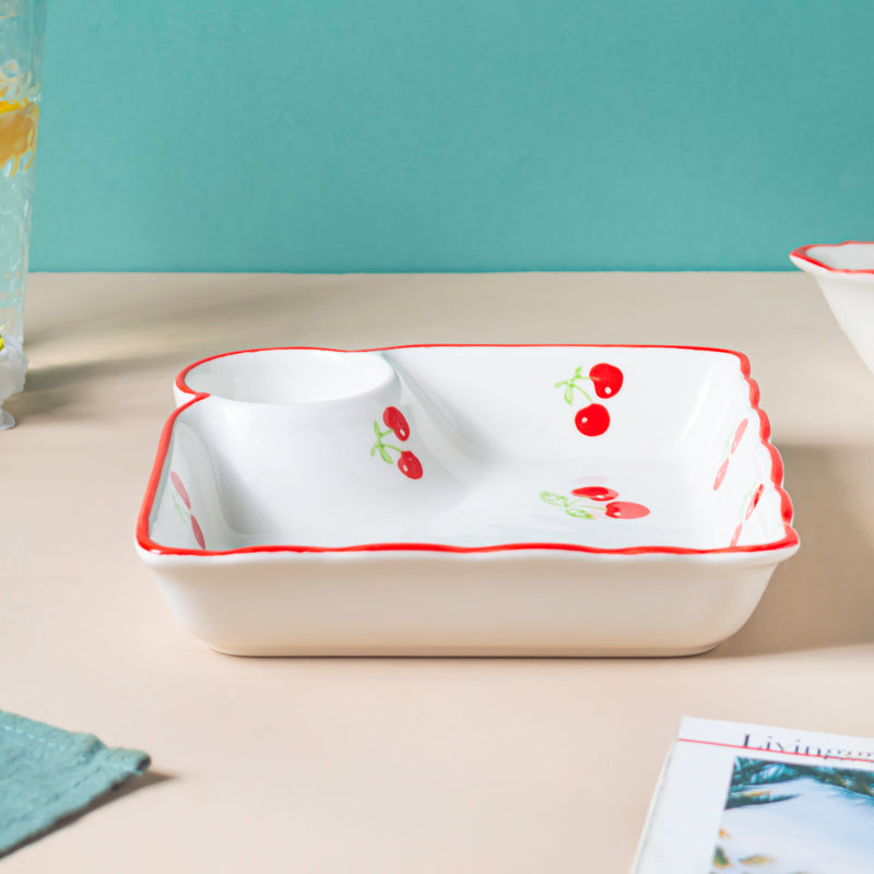 Cherry On Top Sectioned Plate Red - Serving plate, snack plate, momo plate, plate with compartment | Plates for dining table & home decor