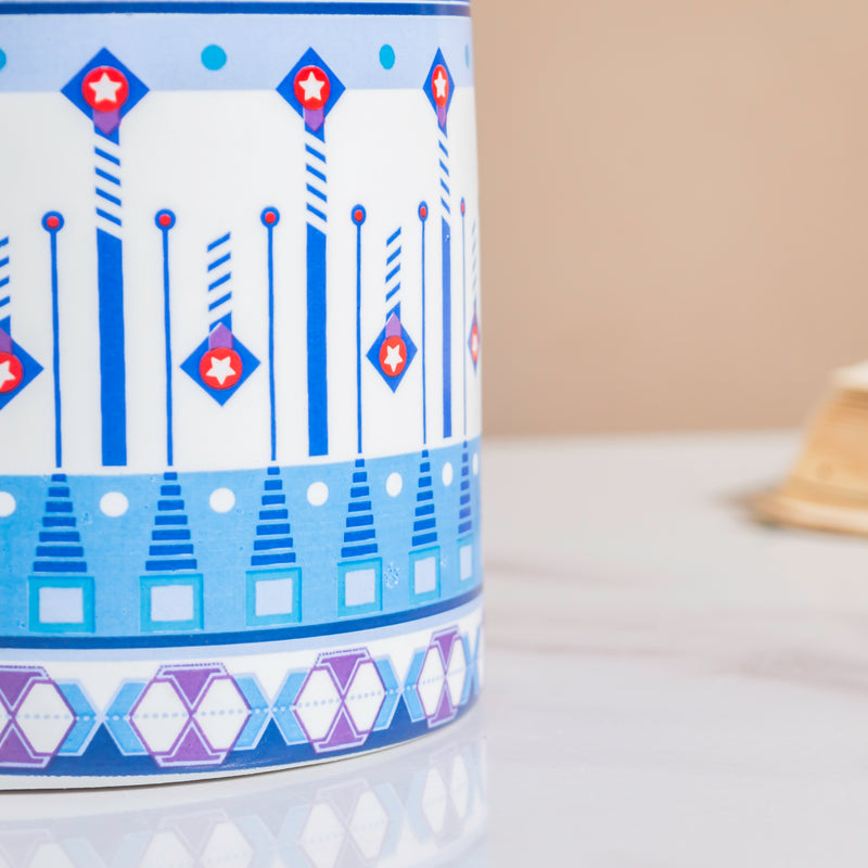 Noor Art Blue And White Planter And Wooden Coaster - Plant pot and plant stands | Room decor items