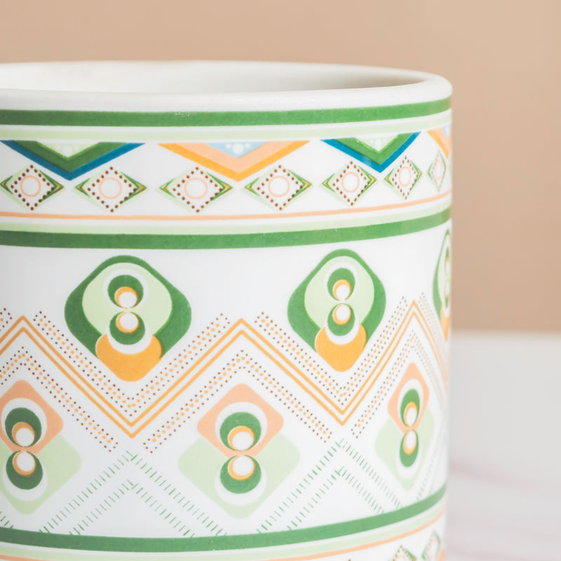 Mandala Print Ceramic Planter Green With Wooden Coaster - Plant pot and plant stands | Room decor items