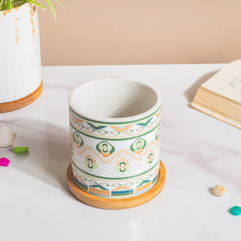 Mandala Print Ceramic Planter Green With Wooden Coaster - Plant pot and plant stands | Room decor items