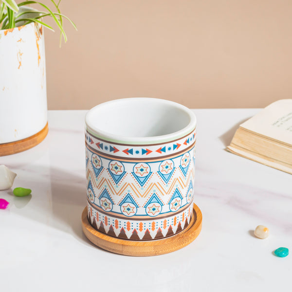 Mandala Print Ceramic Planter Blue With Wooden Coaster