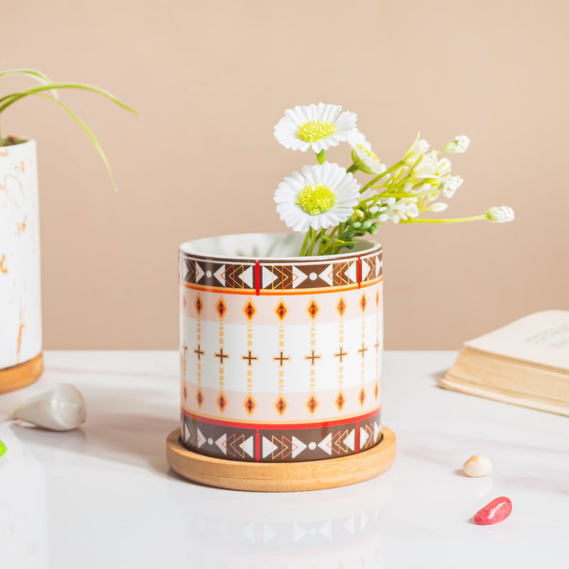Noor Art Orange and Brown Planter With Wooden Coaster - Plant pot and plant stands | Room decor items