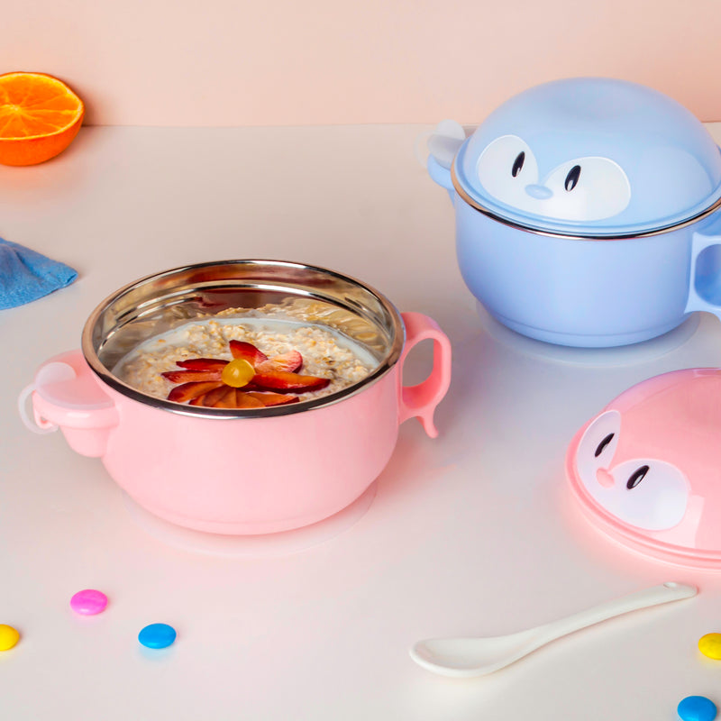 Steel Food Bowl With Heating Water Chamber Pink 400 ml - Kids Lunch Box