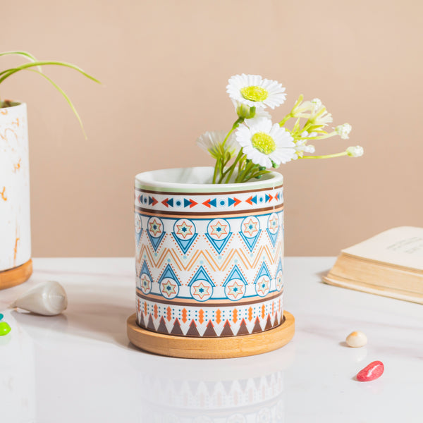 Mandala Print Ceramic Planter Blue With Wooden Coaster