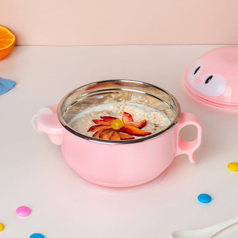 Steel Food Bowl With Heating Water Chamber Pink 400 ml - Kids Lunch Box