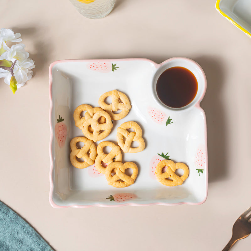 Strawberry Dreams Sectioned Plate Pink - Serving plate, snack plate, momo plate, plate with compartment | Plates for dining table & home decor