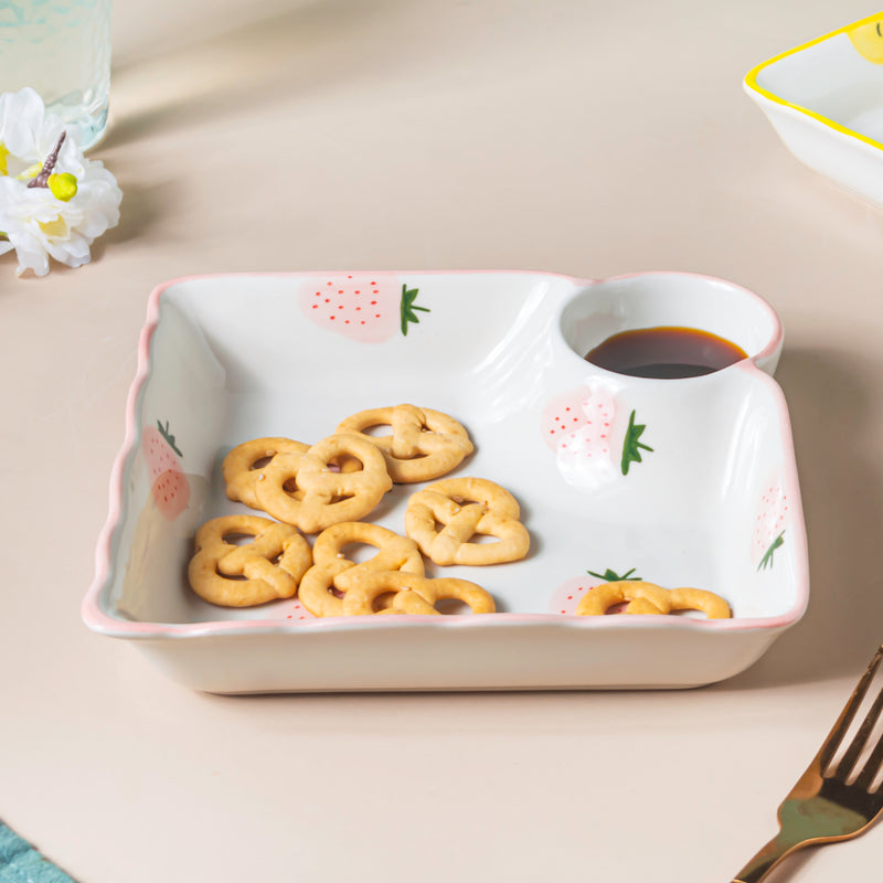 Strawberry Dreams Sectioned Plate Pink - Serving plate, snack plate, momo plate, plate with compartment | Plates for dining table & home decor