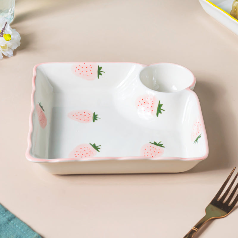 Strawberry Dreams Sectioned Plate Pink - Serving plate, snack plate, momo plate, plate with compartment | Plates for dining table & home decor